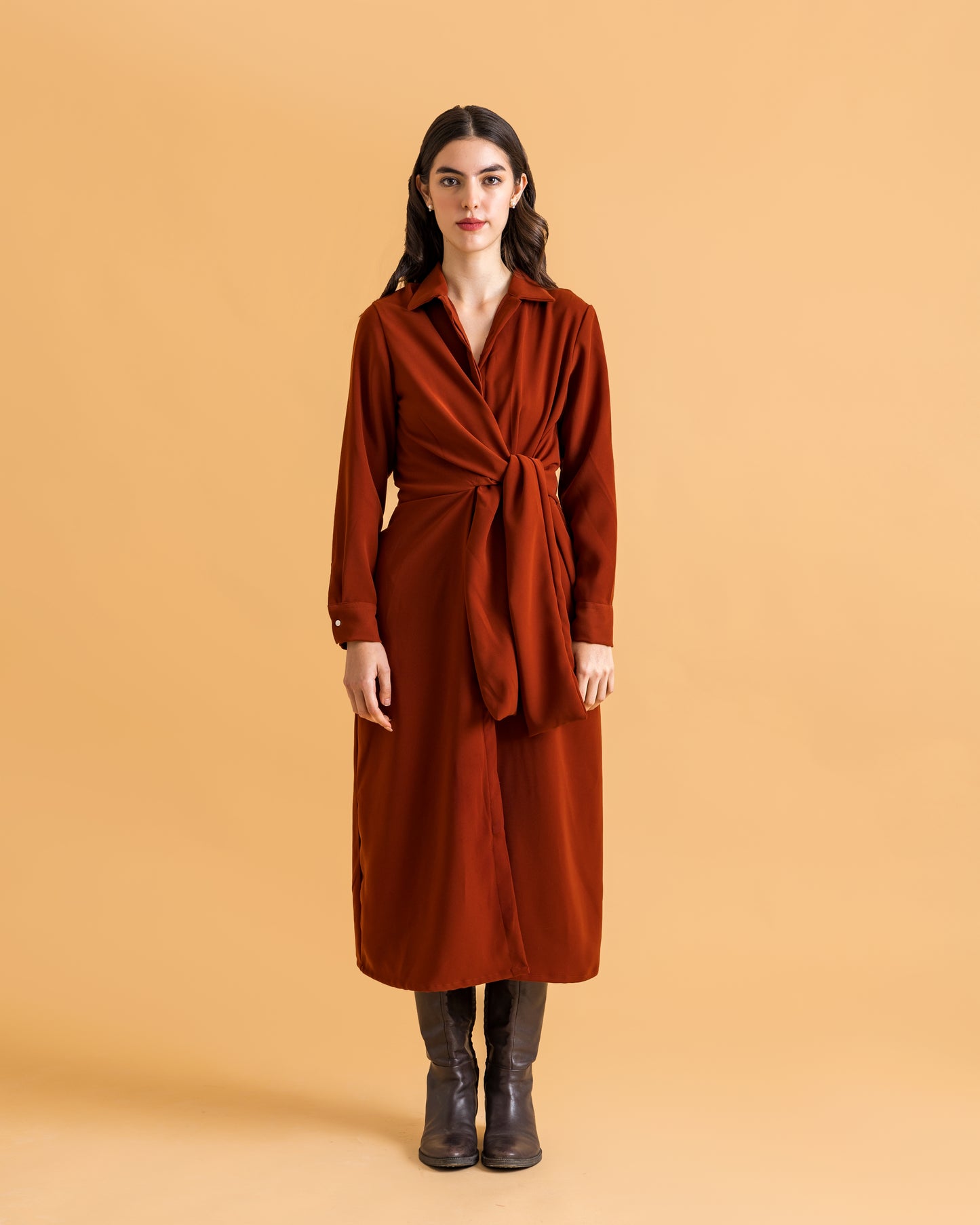 ANIKA Knotted Shirt Dress - Rust