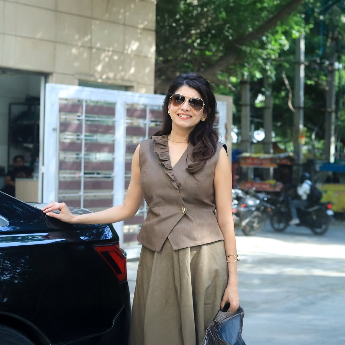 Swati Bhargava in our Elara Waistcoat & Skirt Set - Mocha