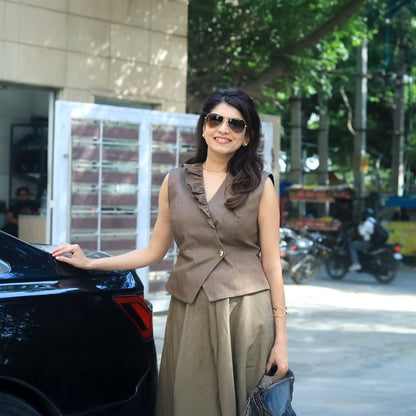 Swati Bhargava in our Elara Waistcoat & Skirt Set - Mocha