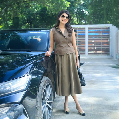 Swati Bhargava in our Elara Waistcoat & Skirt Set - Mocha