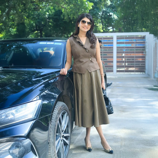 Swati Bhargava in our Elara Waistcoat & Skirt Set - Mocha