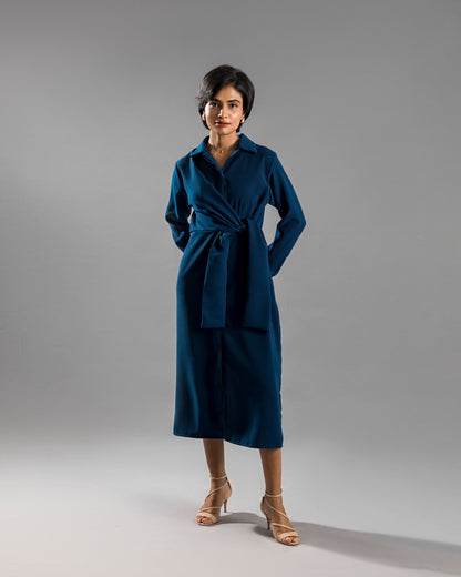 ANIKA Knotted Shirt Dress - Navy Blue