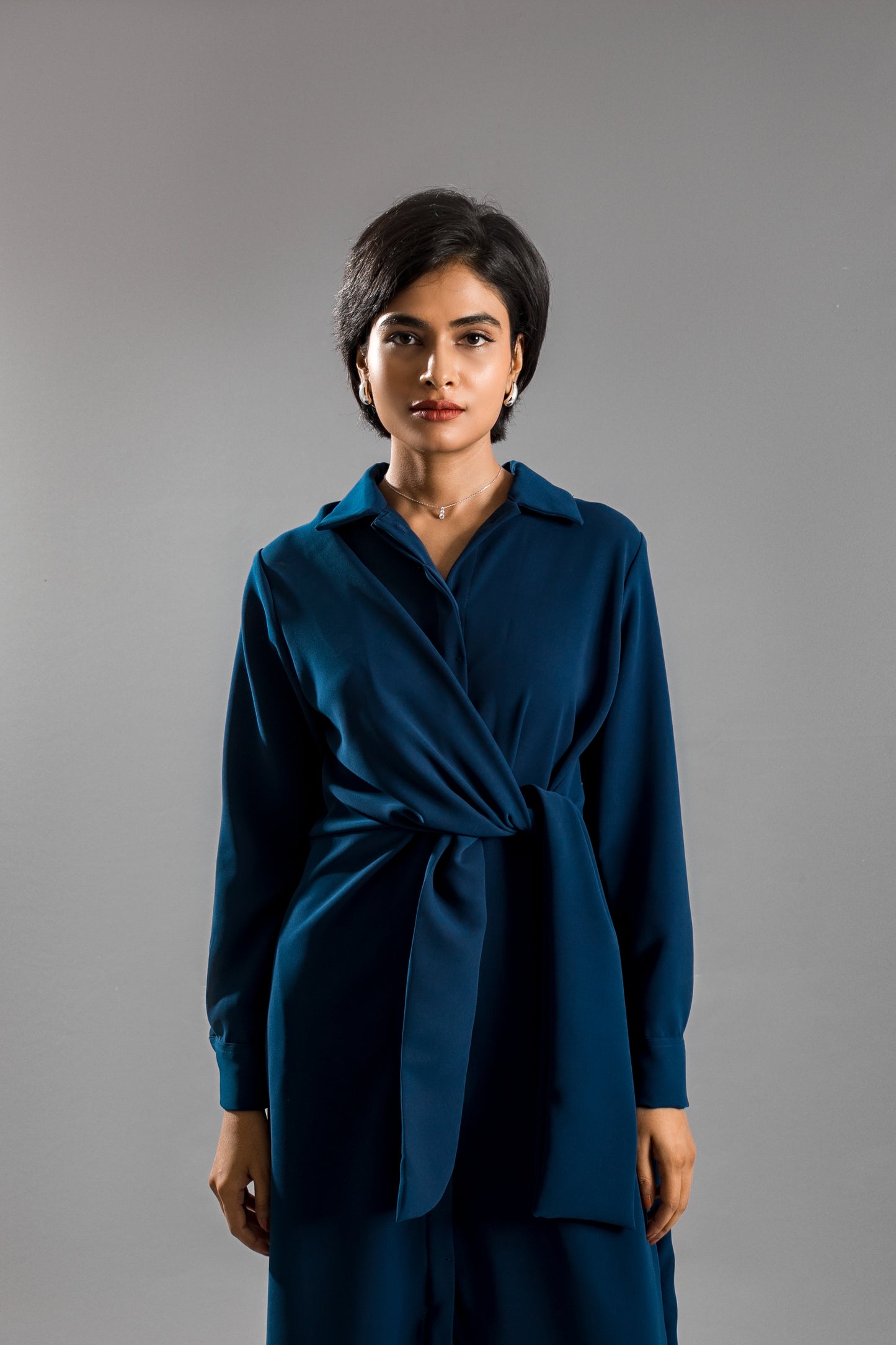 ANIKA Knotted Shirt Dress - Navy Blue