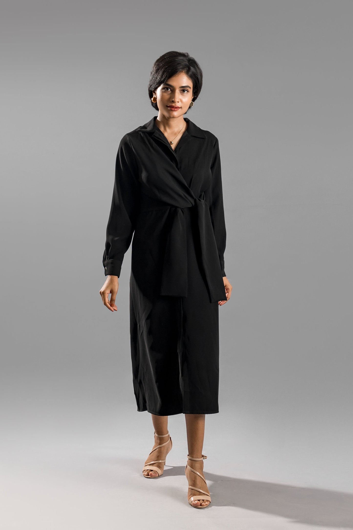 ANIKA Knotted Shirt Dress - Black