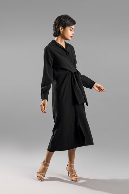 ANIKA Knotted Shirt Dress - Black