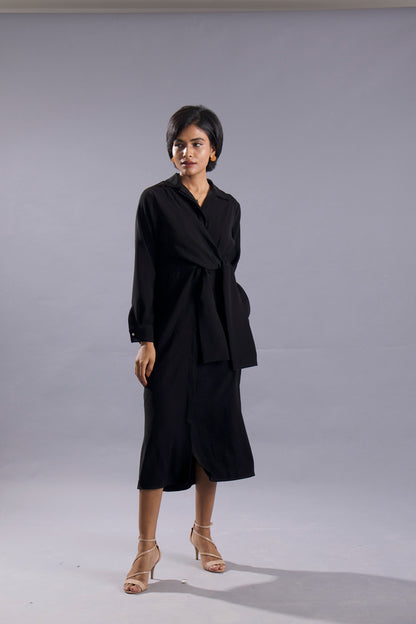 ANIKA Knotted Shirt Dress - Black